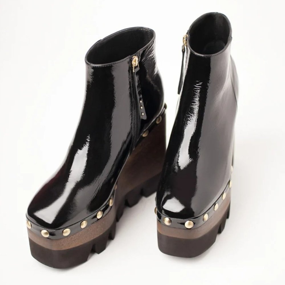 PALOMA BARCELÓ Black Leather + Wood Detail Platform Wedge Ankle Booties Size 6